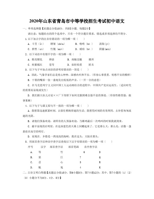 2020年山东省青岛市中等学校招生考试初中语文