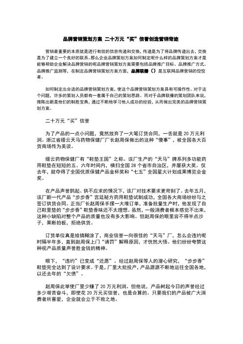 品牌营销策划方案 二十万元“买”信誉创造营销奇迹