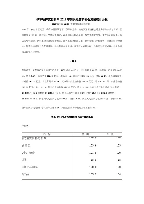 伊犁哈萨克自治州2014年国民经济和社会发展统计公报