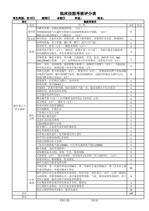 临床胸腔穿刺术考核评分表 