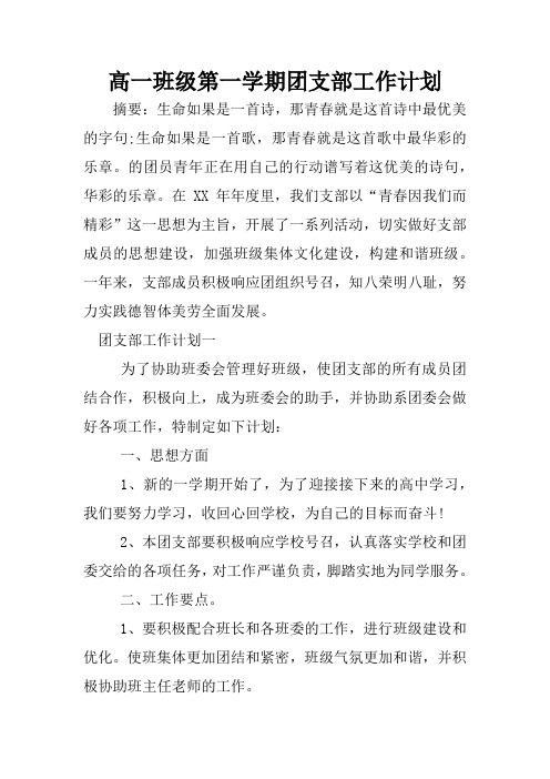 高一班级第一学期团支部工作计划