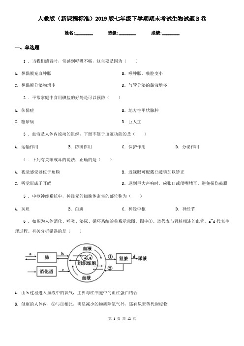 人教版(新课程标准)2019版七年级下学期期末考试生物试题B卷