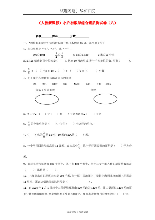人教版六年级数学小升初综合素质测试卷(八)