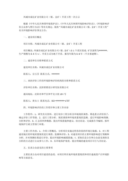 凤城市成亿矿业有限公司(银、金矿)开采工程一次公示