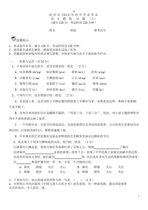 2015年山东省滨州市中考语文模拟试题(八)及答案讲解