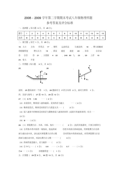2008-2009学年第二学期期末考试初三年级物理试题参考答案及评分标准