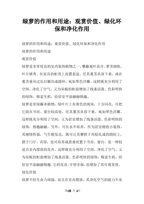 绿萝的作用和用途：观赏价值、绿化环保和净化作用