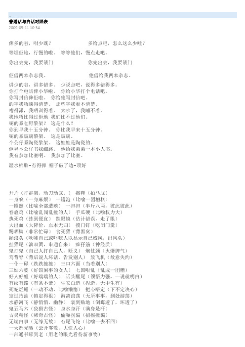 普通话与白话对照表