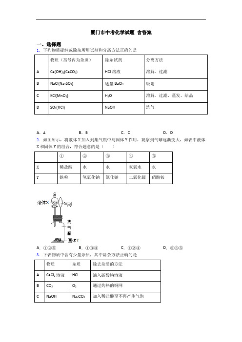 厦门市中考化学试题 含答案