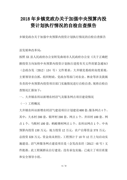乡镇党政办关于加强中央预算内投资计划执行情况的自检自查报告