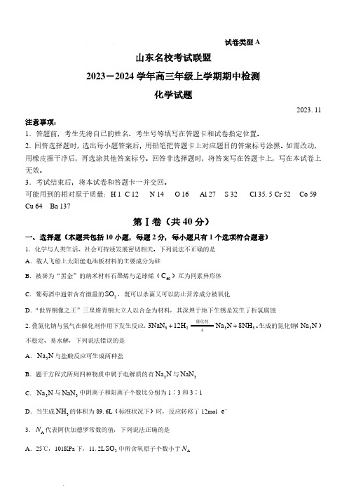 山东济南2024届高三上学期11月期中考试化学试题+答案