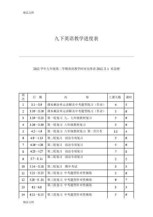 最新九下英语教学进度表