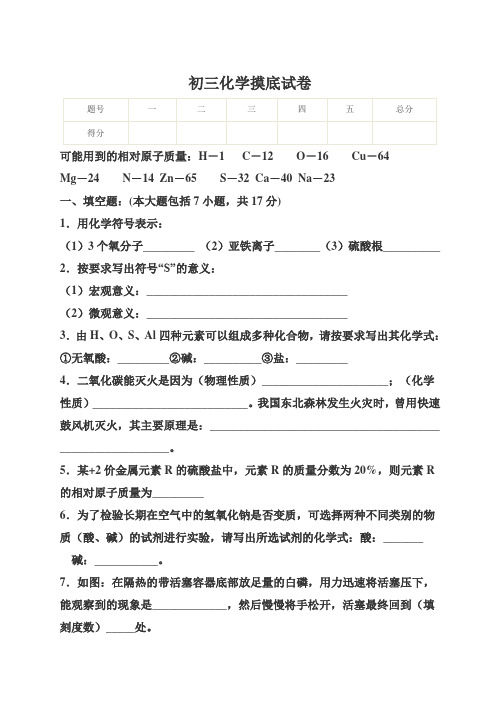 初三化学摸底试卷