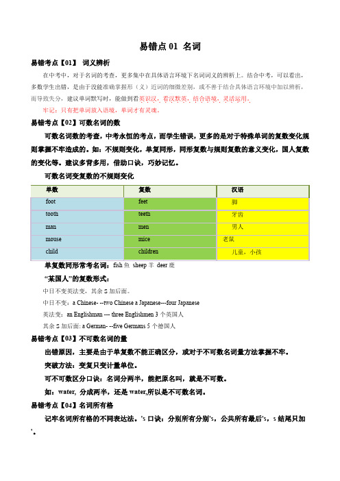 【中考英语 易错题】易错点01 名词(原卷版)