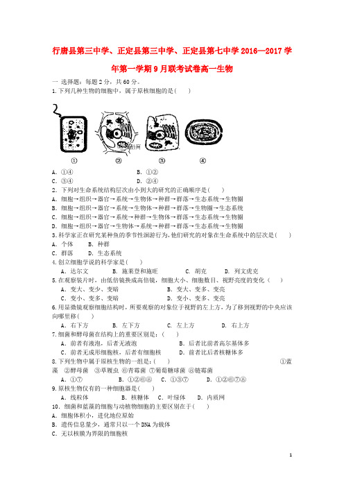 河北省石家庄市行唐县三中、正定县三中、正定县七中高一生物9月联考试题(无答案)