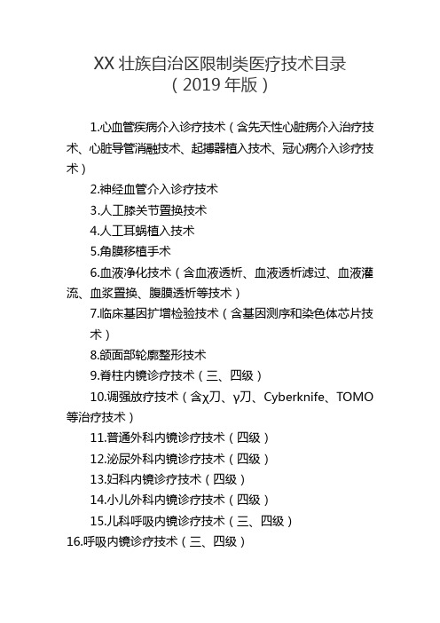 XX壮族自治区限制类医疗技术目录(2019年版)