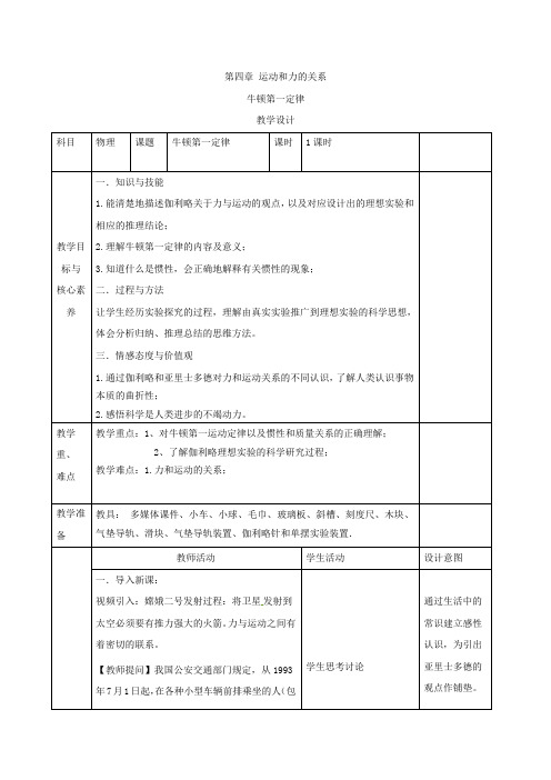 高一物理人教版必修第一册教案牛顿第一定律Word版