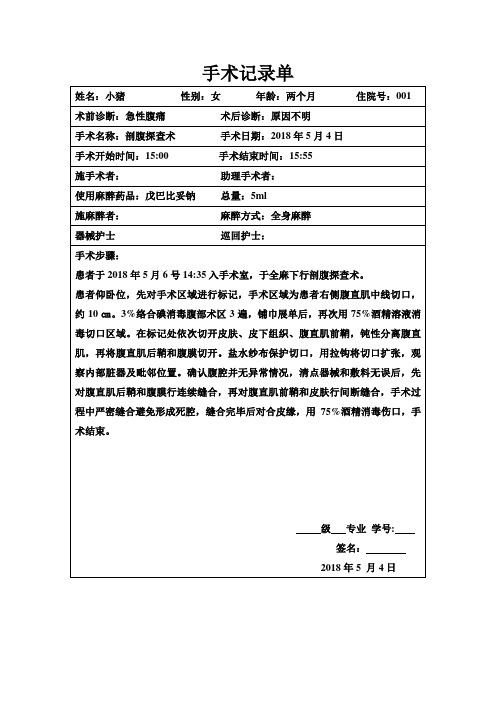 剖腹探查术手术记录