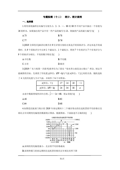 2020高考二轮专题检测(十二)  统计、统计案例考点落实练