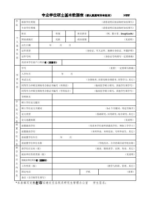 专业学位硕士基本数据表请认真填写所有栏目NEW