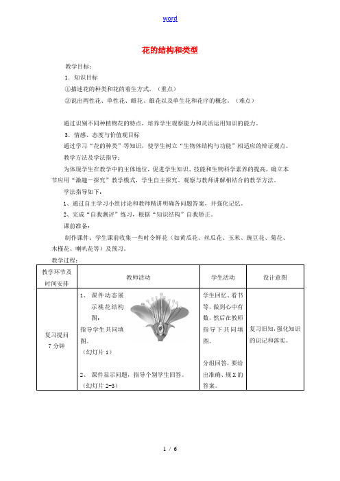 八年级生物上册 花的结构和类型教案 济南版