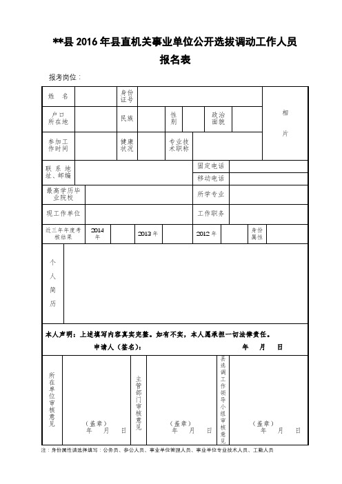 XX县2016年县直机关事业单位公开选拔调动工作人员报名表【模板】