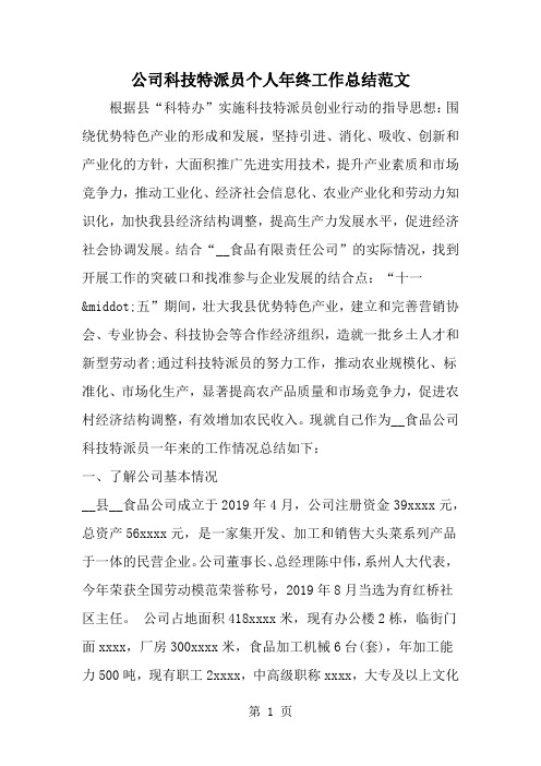 公司科技特派员个人年终工作总结范文7页word