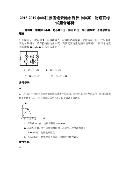 2018-2019学年江苏省连云港市海洲中学高二物理联考试题含解析
