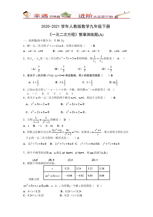 2020-2021学年人教版数学九年级章节专题测试及答案：《一元二次方程》整章(A)