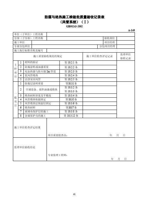 防腐与绝热施工检验批质量验收记录表(风管系统)(Ⅰ)
