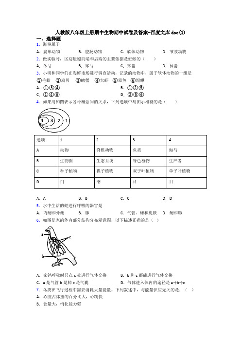 人教版八年级上册期中生物期中试卷及答案-百度文库doc(1)