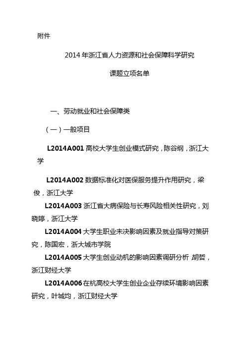 2014年浙江省人力资源和社会保障科学研究课题立项名单