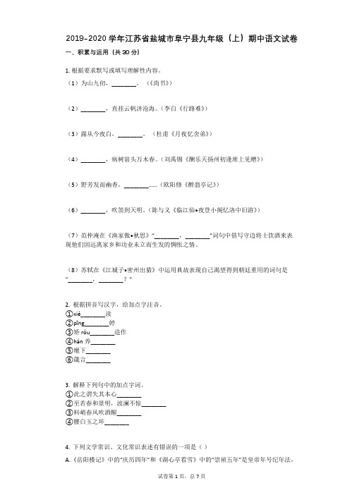 2019-2020学年江苏省盐城市阜宁县九年级(上)期中语文试卷