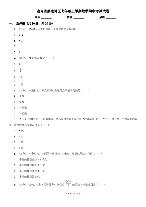 湖南省娄底地区七年级上学期数学期中考试试卷
