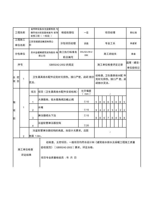 卫生器具给水配件安装工程检验批质量验收记录