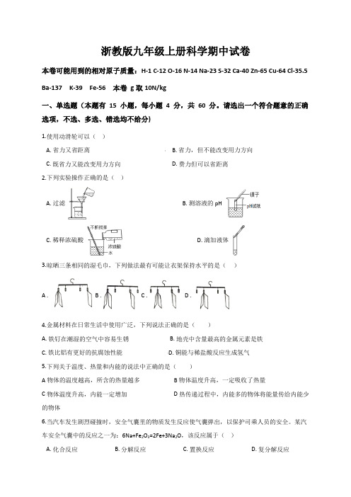 浙教版九年级上册科学期中试卷1