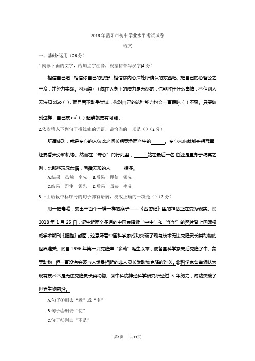 湖南省岳阳市2018年中考语文试题及答案(word版)