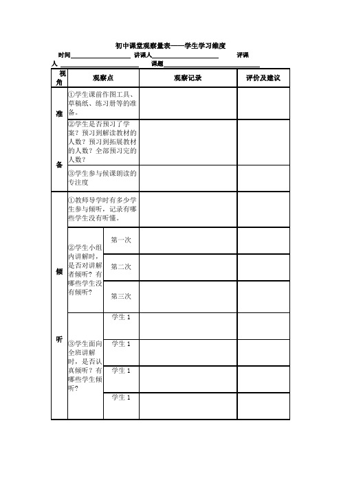 初中课堂观察量表——学生学习维度
