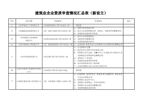 建筑业企业资质审查情况汇总表(新设立)