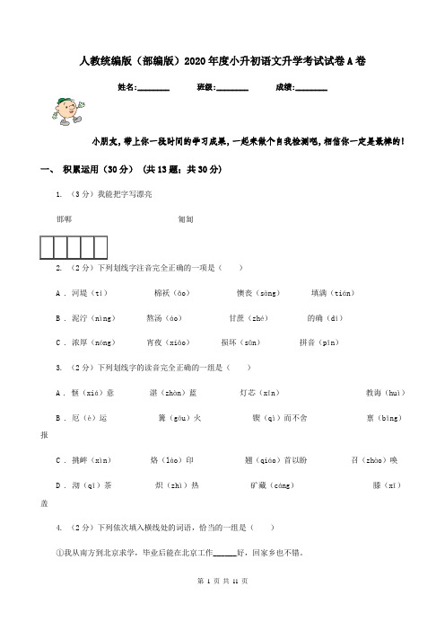 人教统编版(部编版)2020年度小升初语文升学考试试卷A卷