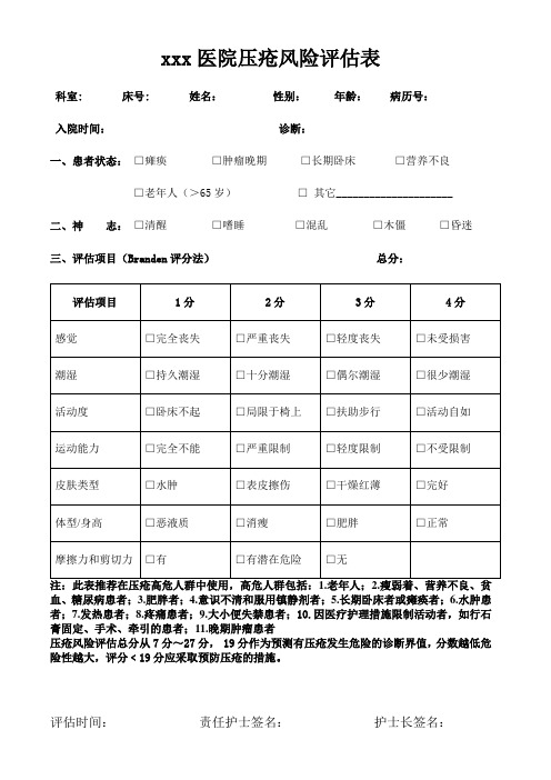 压疮风险评估表