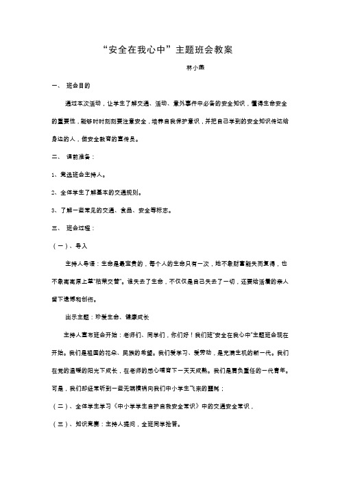安全在我心中主题班会教案教学文案