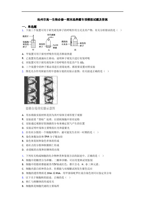 沧州市高一生物必修一期末选择题专项模拟试题及答案