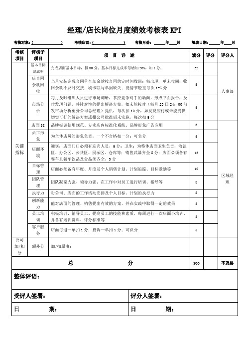 经理店长岗位月度绩效考核表KPI