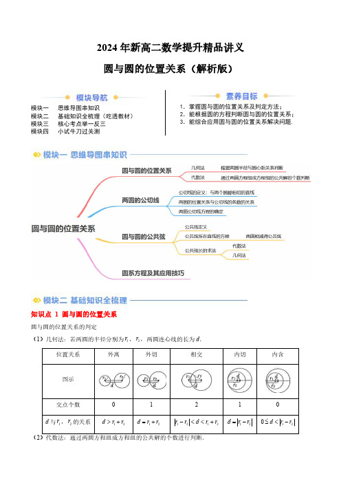 2024年新高二数学提升精品讲义圆与圆的位置关系(思维导图+4知识点+6考点+过关检测)(解析版)