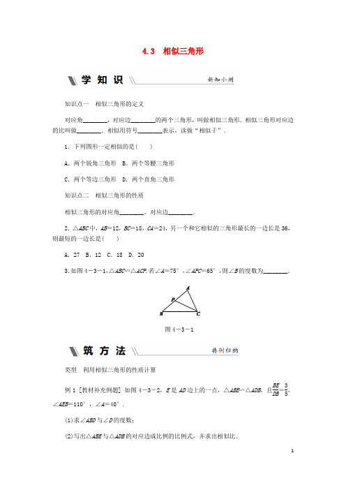 九年级数学上册第4章相似三角形4.3相似三角形练习新版浙教版