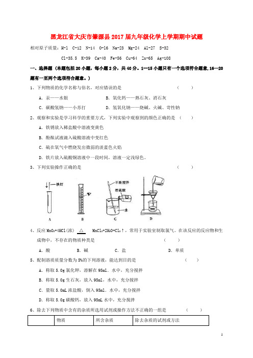 黑龙江省大庆市肇源县九年级化学上学期期中试题(五四