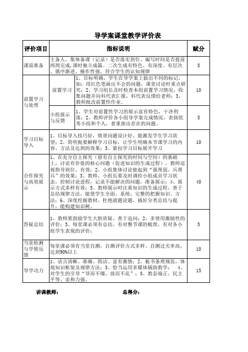 导学案课堂教学评价表