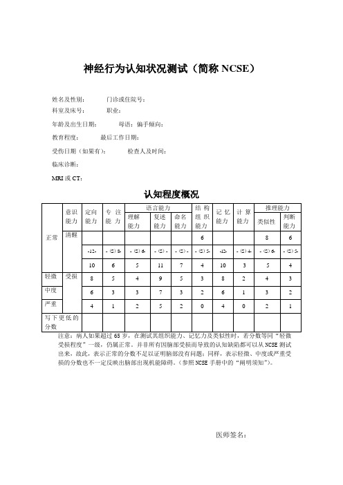 神经行为认知测试NCSE