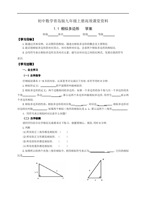 初中数学青岛版九年级上册高效课堂资料学案1.1 相似多边形